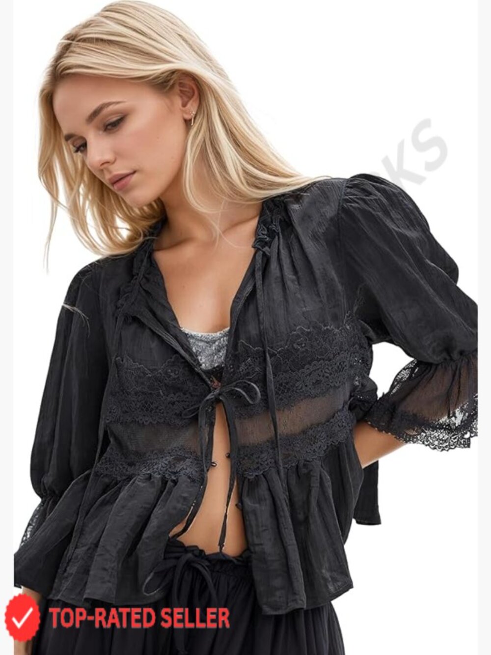 Sheer Lace Peasant Blouse Tie Front Ruffle Boho Y2K Crop Top